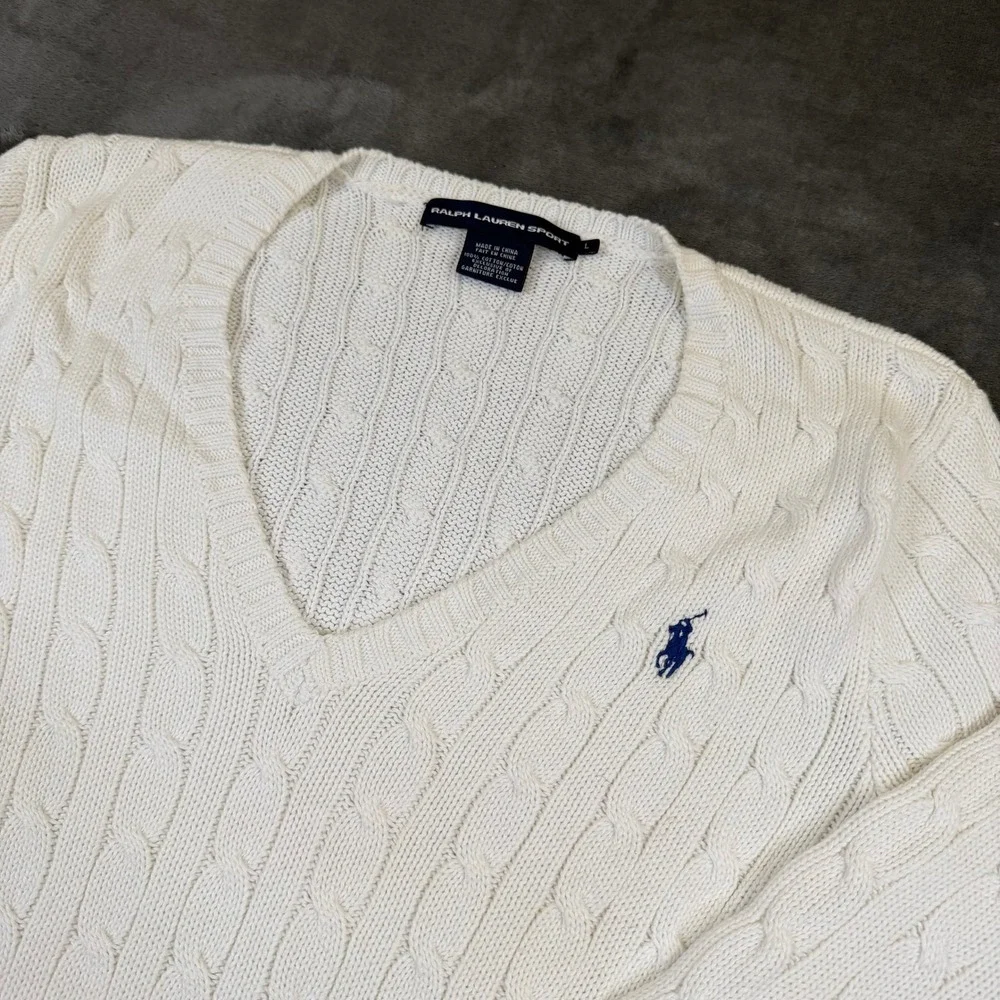 Ralph Lauren Sport Cable Knit Sweater Womens Large White V Neck Cotton - Picture 1 of 9